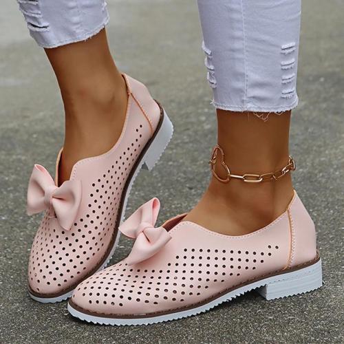 Women Casual Elegant Simple Pu Bowknot Hollow-out Flat Loafers