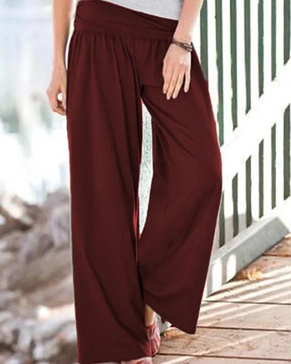 Casual Cotton Solid Pleated Wide Leg Pants