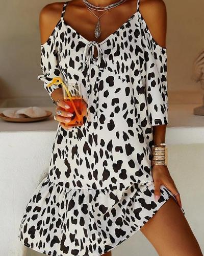 Leopard Print Short-sleeve Casual Off-Shoulder Dresses