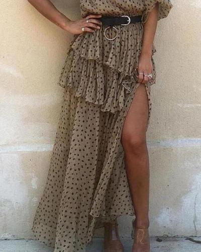 Women's Oblique Shoulder Polka Dot Tiered Ruffle Dress
