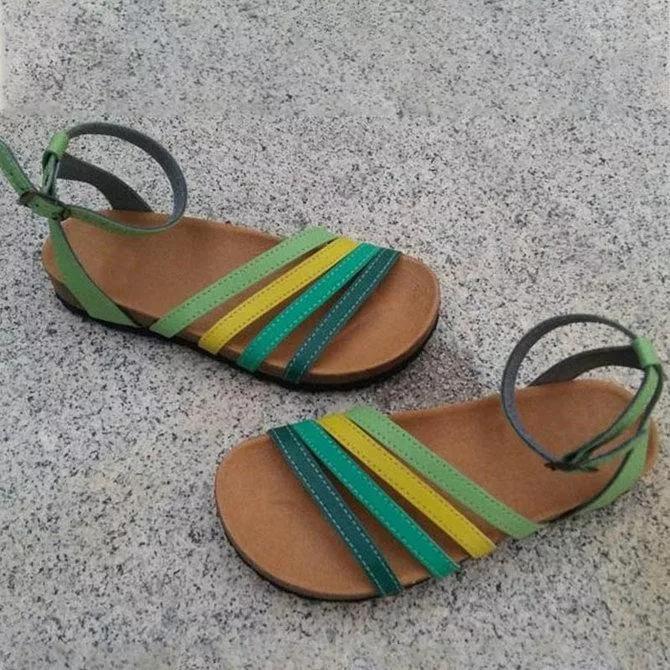 **Green Artificial Leather Outdoor Flat Heel Sandals