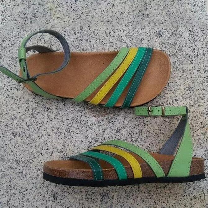 **Green Artificial Leather Outdoor Flat Heel Sandals