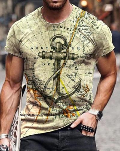 Mens Crew Neck Retro Map Anchor Short Sleeve Tops T-shirts