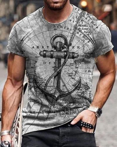 Mens Crew Neck Retro Map Anchor Short Sleeve Tops T-shirts