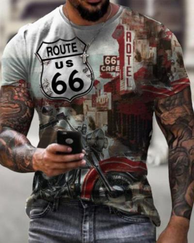 Men Motorcycle Route 66 Short Sleeve Print T-shirt