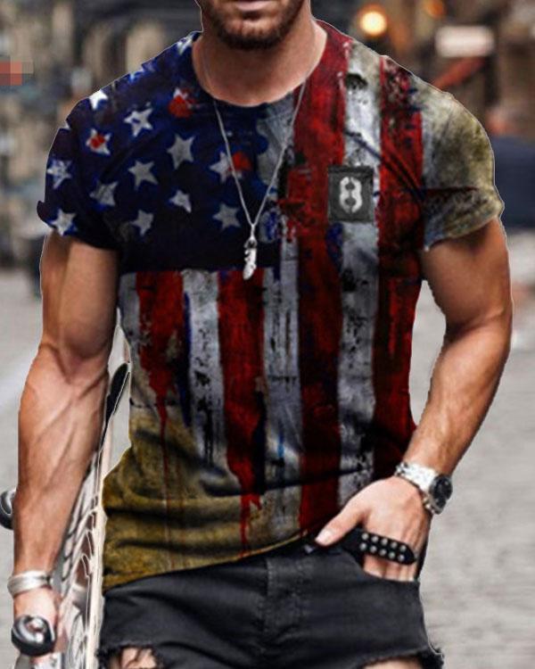 Mens Retro Casual American Flag Short Sleeve T-shirt