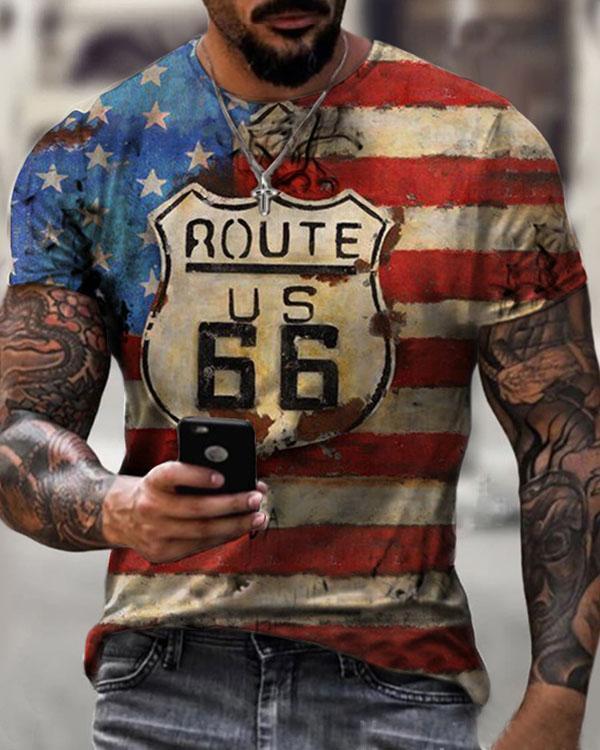 Mens Crew Neck Route 66 Flag Short Sleeve Tops T-shirts