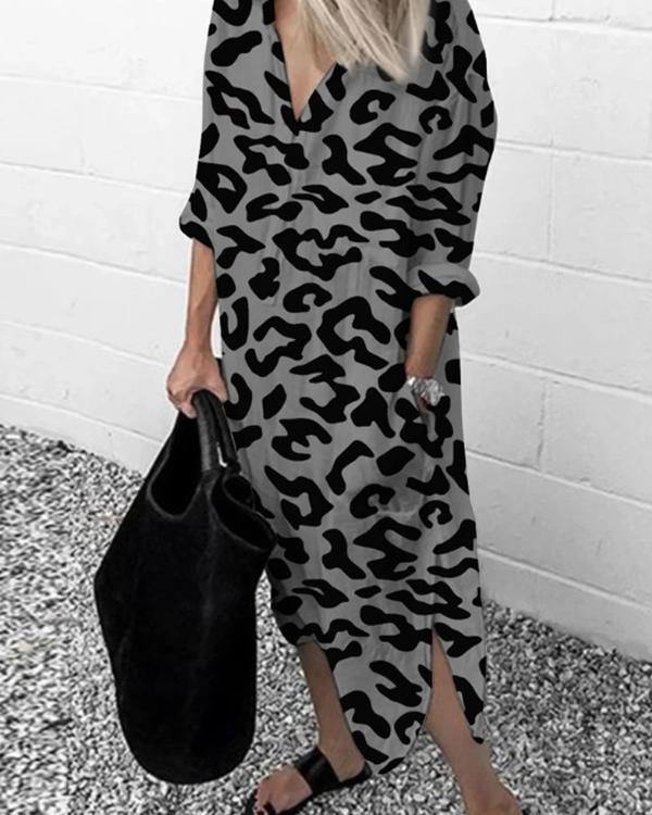Women's Leopard Printed Long-Sleeved Dress Long Dress