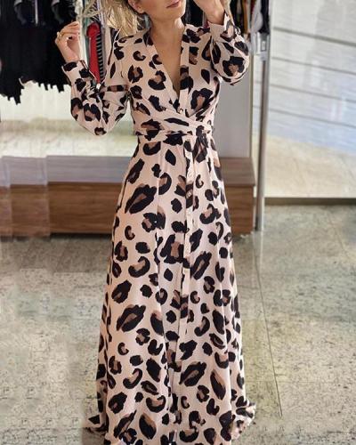 Leopard Long Sleeves A-line Skater Elegant Maxi Dresses