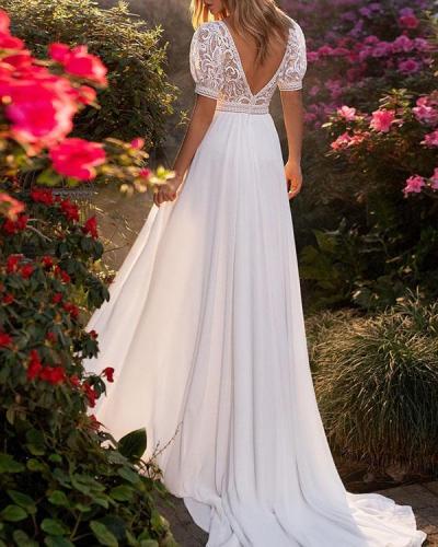 Elegant Backless Short Sleeve Wedding Dress Holiday Slit Dress