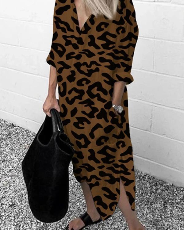 Women's Leopard Printed Long-Sleeved Dress Long Dress