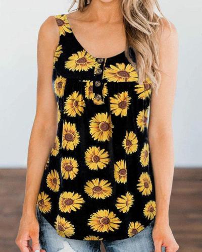 Plus Size Round Neck Button Decor Sunflower Print Tank Tops