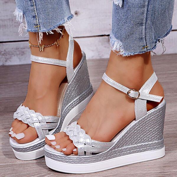Wedge Heel Sandals Platform Wedges Peep Toe Heels With Buckle Braided Strap Solid Color shoes