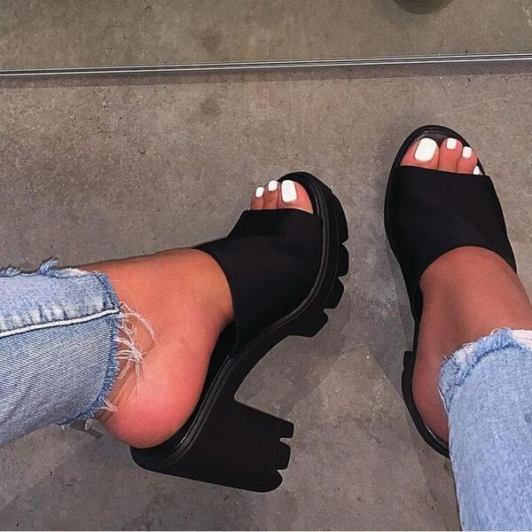 Chunky Heel Sandals Pumps Peep Toe Slippers Heels Round Toe With Solid Color shoes
