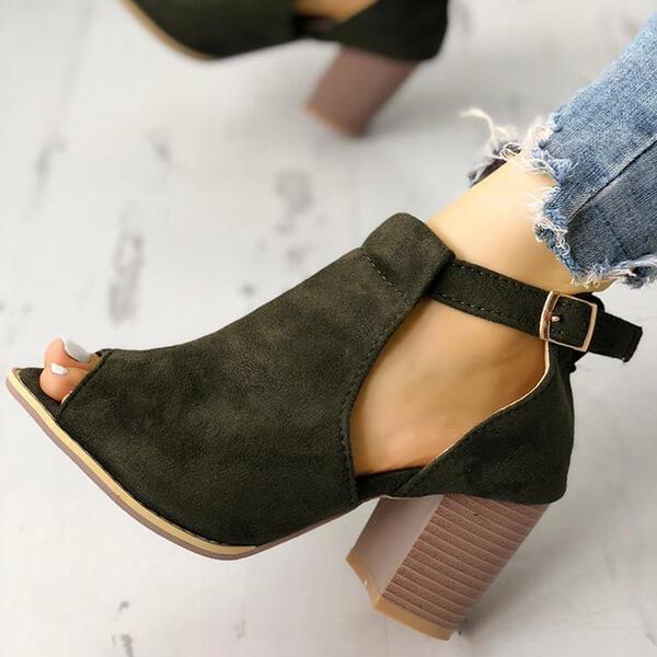 Women's Suede Chunky Heel Ankle Boots With Buckle shoes
