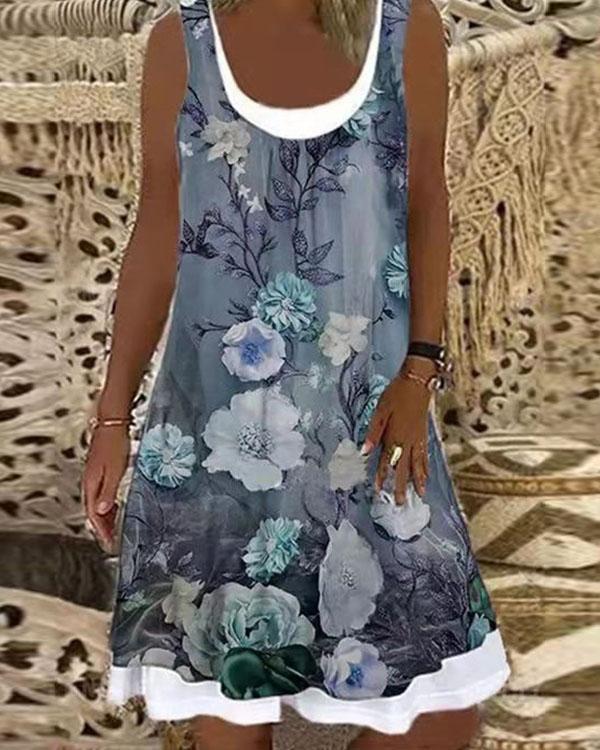 Vintage Flower Print U Neck Casual Midi Dress