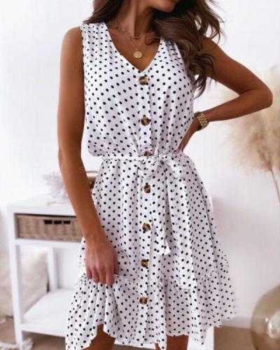 Cute Polka Dot Mini Dress V Neck Button Ruffle Dress