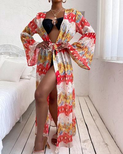 Colorful Print Lace up Swimsuits Cover-ups with Belt