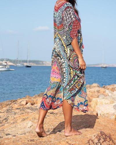 Printed Sleeved Tie Front V Neck Maxi Cover Up