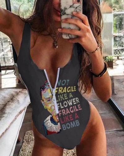Women Print Front Zipper One Piece Swimsuit