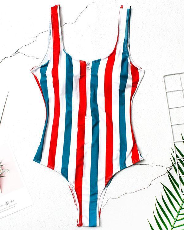 Stripe Front Zipper One Piece Women's Swimsuit