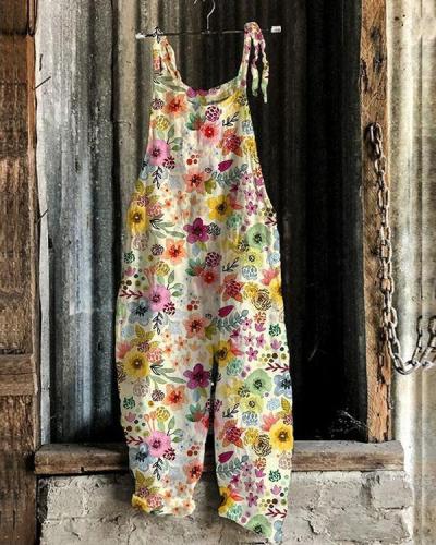 Colorful Multiflora Women Casual Linen Jumpsuits