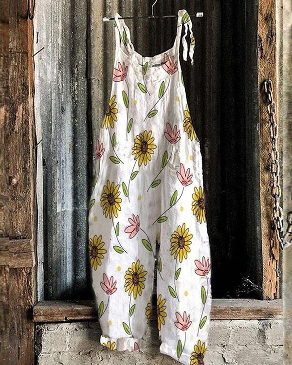 Cute Jumpsuit Overall Floral Loose Fit Linen Jumpsuits