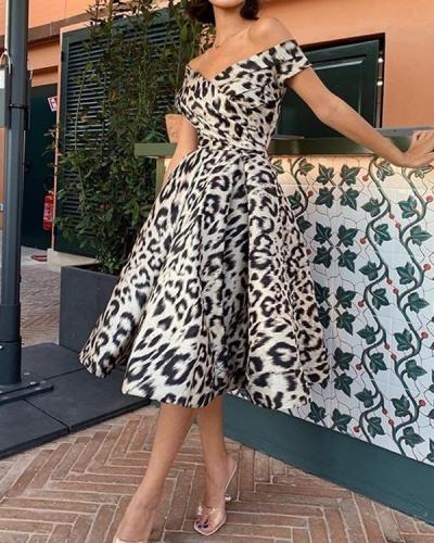 Leopard Print Off Shoulder Party Prom Midi Dress