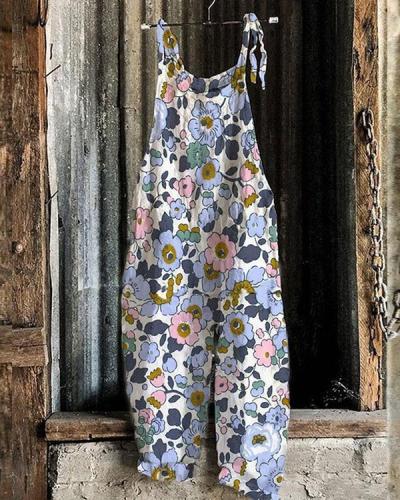 Fashion Linen Jumpsuits Multifloral Print Rompers