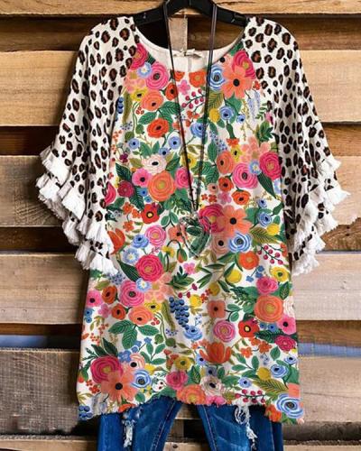 Flower Print Cotton-Blend Short Sleeve Casual Shirts & Tops