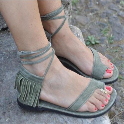 Women's Lace-up Tassel Round Toe Flip-Flops Flat Heel Sandals