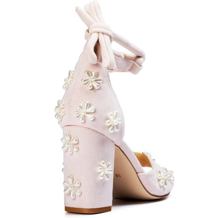 Ladies Pearl Shoes Beaded Pearl Wedding Shoes Block Heel Bridal Shoes Melody Peep Toe Heels