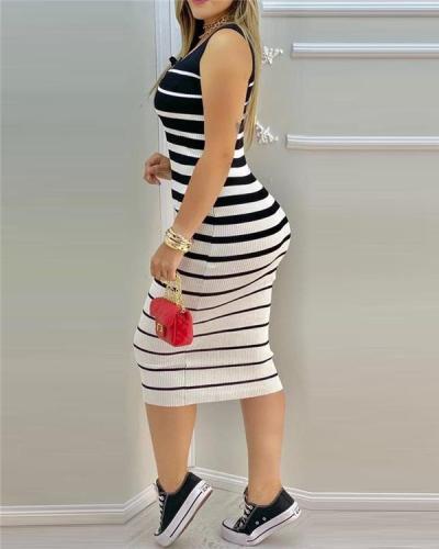 Striped Print Colorblock Eyelet Lace Up Bodycon Dress