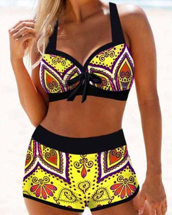 Floral Print Lace Up Halter V-Neck Casual Bikinis Swimsuits