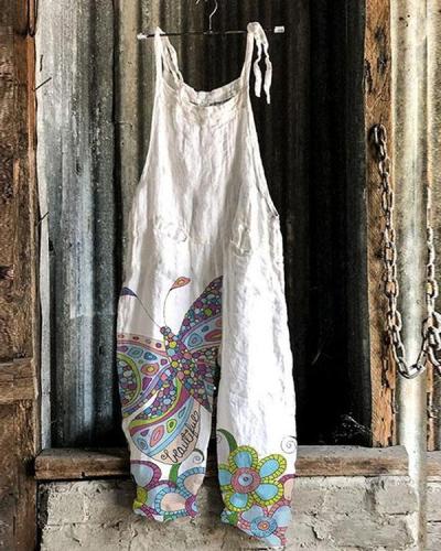 Women Fashion Butterfly Print Linen Jumpsuits