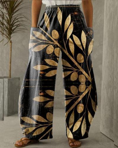 Women Cotton Pure Color Pocket Printing Pants