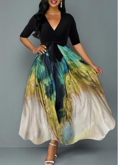 Tie Dye Print Plunging Neck Belted Maxi Dress