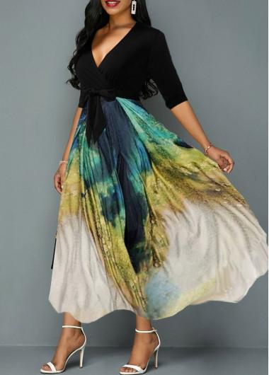 Tie Dye Print Plunging Neck Belted Maxi Dress