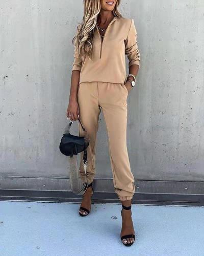 Office Lady Outfit Pure Color Long Sleeve Zipper Shirt&Trouser Suit