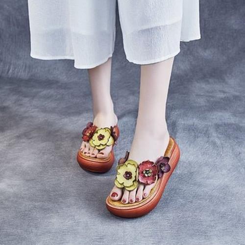 Women Bohemia Pu Flower Flip-flop Platform Heel Sandals