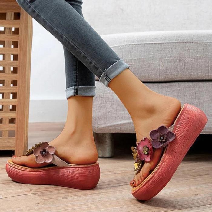Women Bohemia Pu Flower Flip-flop Platform Heel Sandals