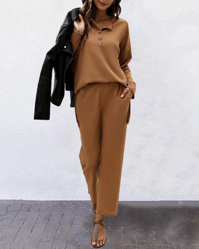 Women Autumn Casual Long-sleeved Knitting V Neck Pants Suit