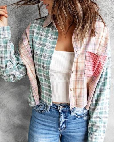 Plaid Stitching Long-sleeved Lapel Tops Outerwear