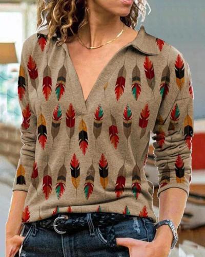 Plus Size Vintage Feather Shirt Collar Long Sleeve Tops