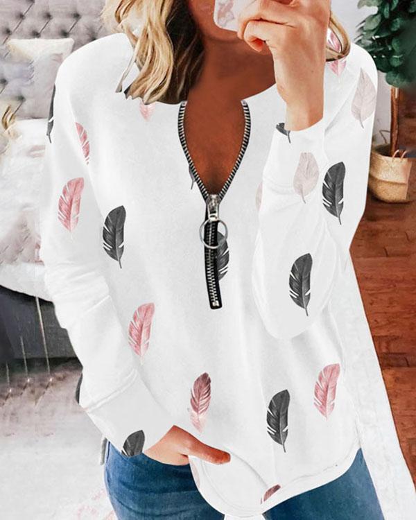 Autumn Fashion Feather Print Long-sleeved Zipper T-shirt Tops