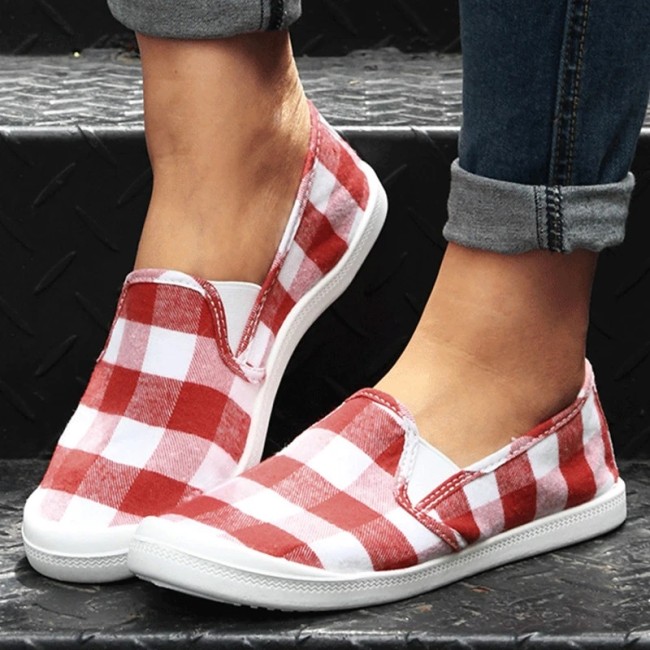 Women Casual Daily Cloth Plaid Printed Slip On Flats
