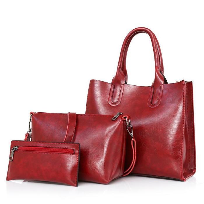 Women's new retro three-piece fashion oil wax leather large-capacity handbag