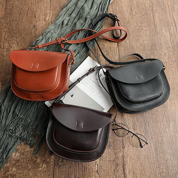 All-Match Top Layer Vegetable Tanned Leather Cowhide Single Shoulder Ladies Pouch Bag