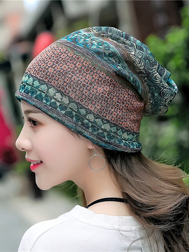 Womens Ethnic Cotton Hats Vintage Print Stripe Outdoor Scarves
