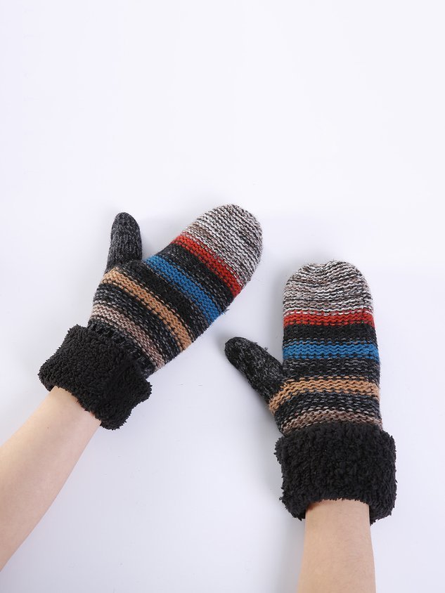 Striped Knitted Wool And Velvet Gloves